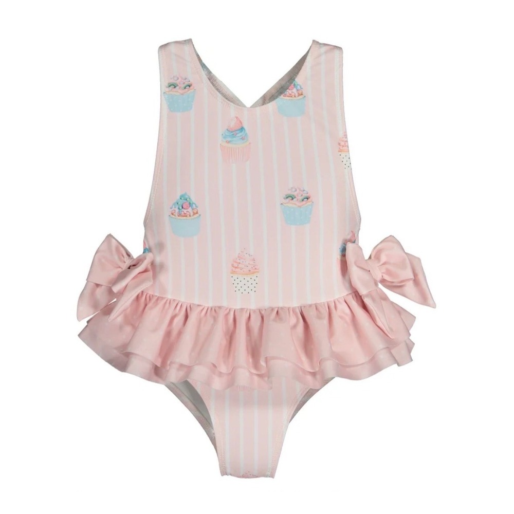 Sal & Pimenta Pink Cupcake‎ Stripe Ruffle One Piece Swimsuit Girls 12M (Tag 6Y)